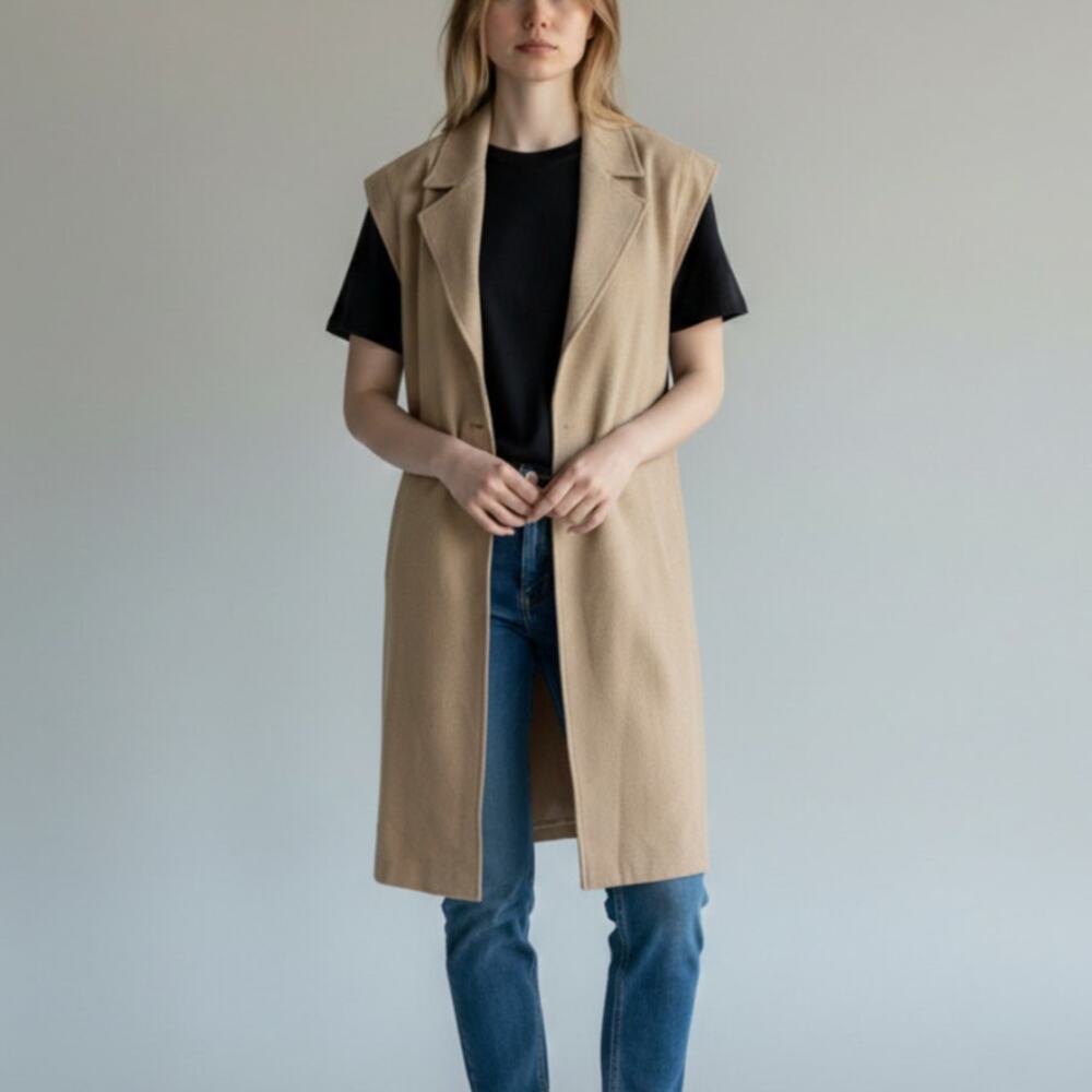 Oklan Suits Tan Open Front Wool Cap Sleeve Duster Vest - Picture 3 of 12